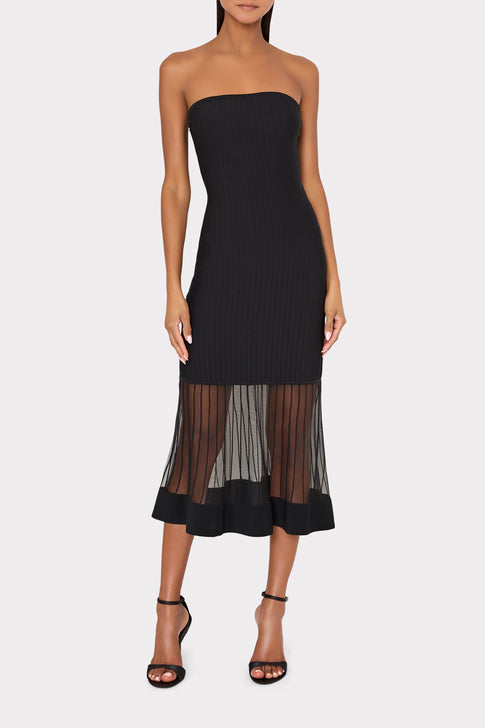 Black Dani Strapless Midi Dress with unique sheer hem detail - Full Length | MILLY