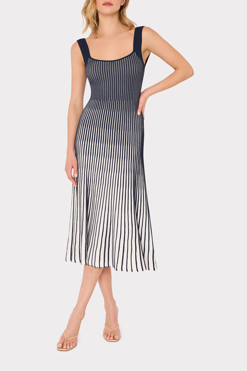 Model Wearing Navy and White Striped Designer Maxi Dress - Front View | MILLY