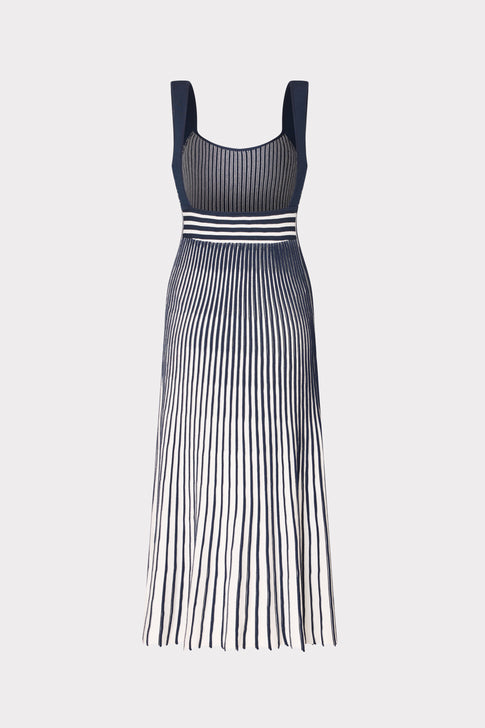 Milly Jolie Pleated Ombré Rib-Knit Midi-Dress - NAVY White