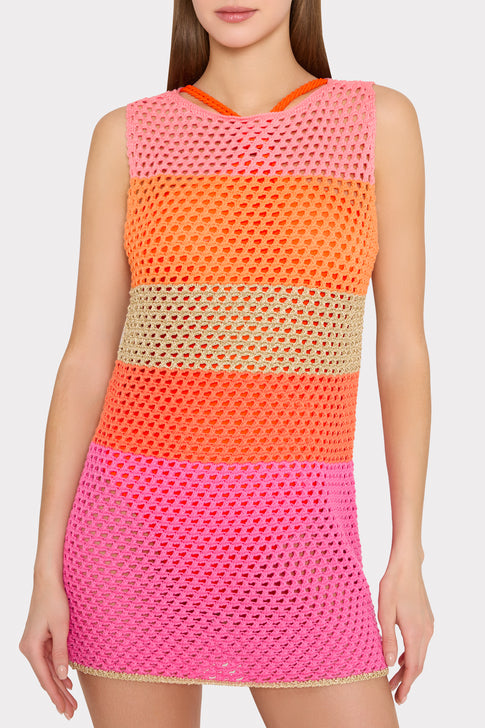 pink and orange mesh dress Open Stitch Boat Neck Mini Dress in Pink Multi