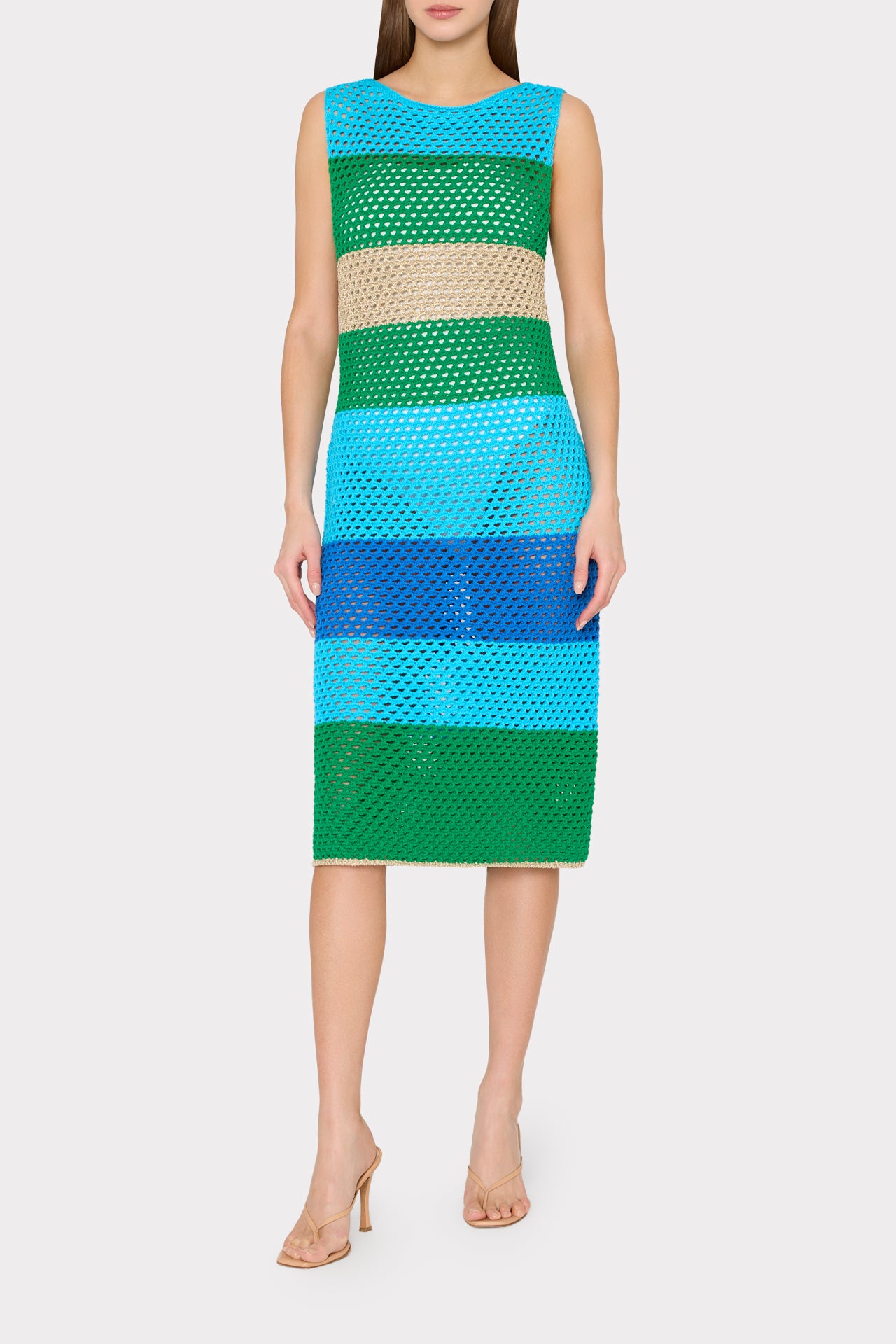 Open Stitch Boat Neck Mini Dress in Blue Green Multi | MILLY