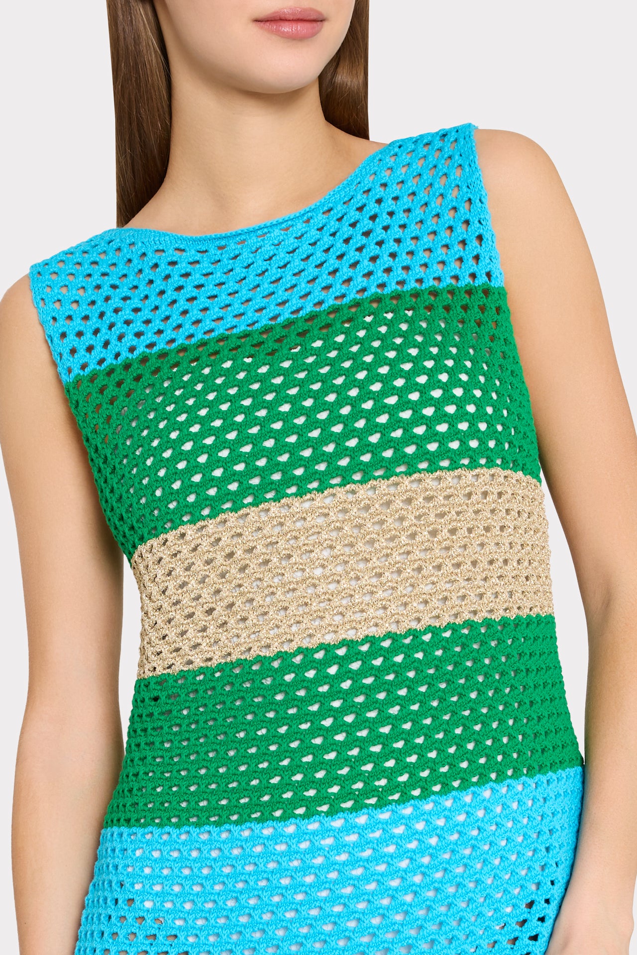 Open Stitch Boat Neck Mini Dress in Blue Green Multi | MILLY