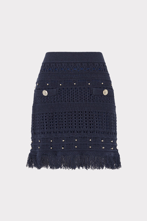 Navy Beaded Fringe Mini Skirt with Crochet Detail - Front View | MILLY