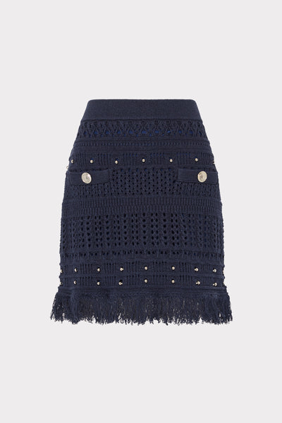 試着のみ HOLIDAY RUFFLE KNIT MINI SKIRT ネイビー Beaded Fringe Mini Skirt in Navy | MILLY