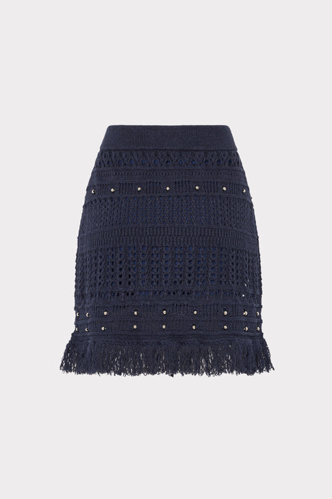 Navy Beaded Fringe Mini Skirt with Crochet Bands - Back View | MILLY