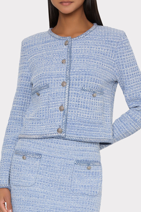 Blue Textured Cardigan Jacket - Upper Body Detail on Model | MILLY