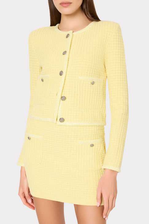 Light Yellow Textured Mini Skirt with Crystal Button Details - Close-Up View | MILLY