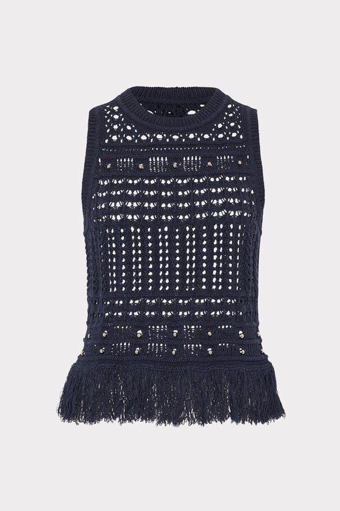 Navy Open-Knit Beaded Fringe Shell Top - Flat Lay | MILLY