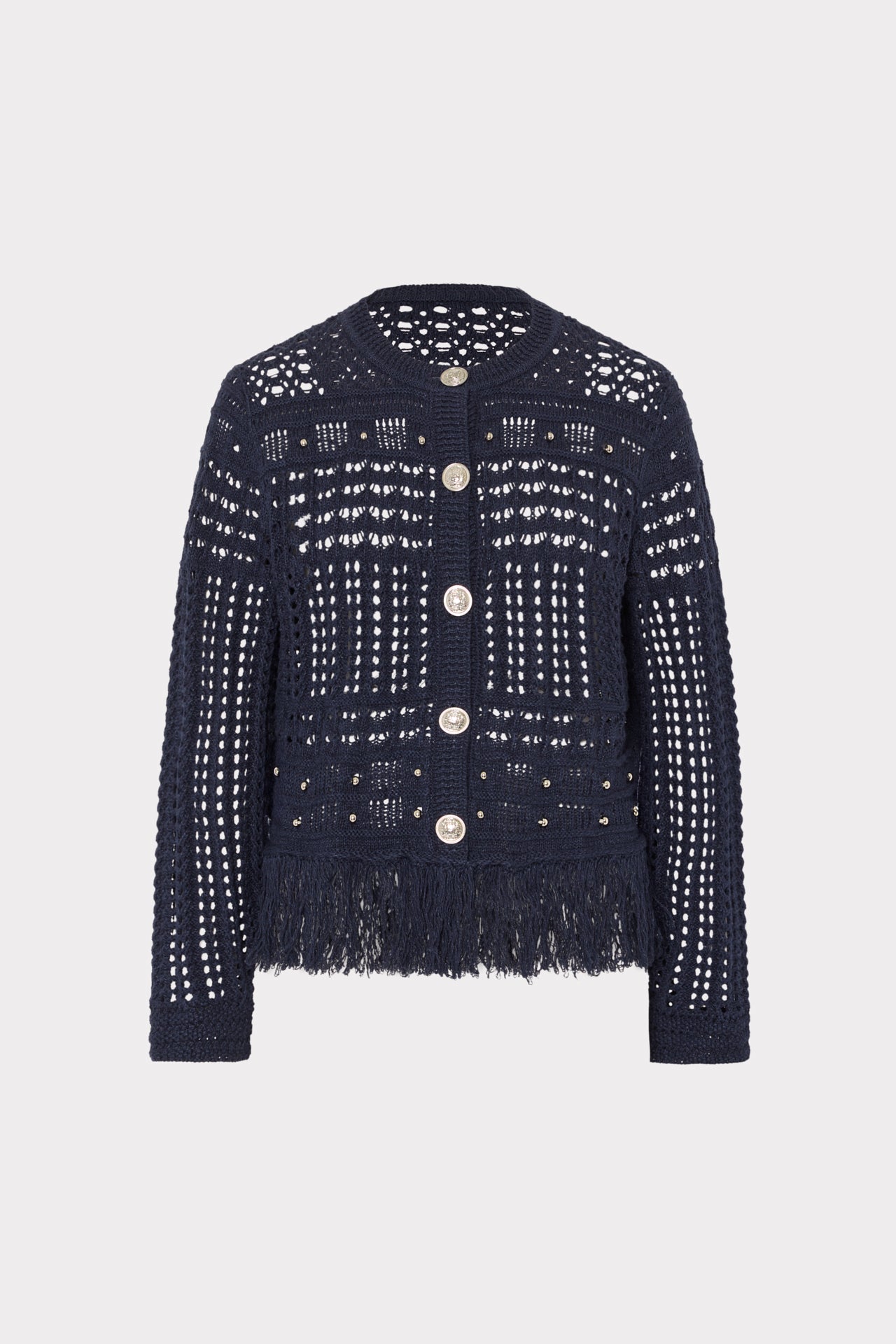 Beaded Fringe Crewneck Cardigan Jacket in Navy | MILLY