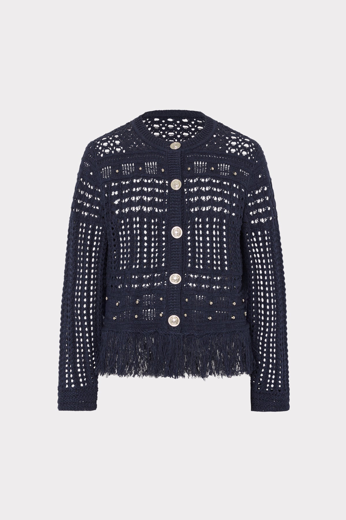 Navy blue crochet jacket with button details on a white background