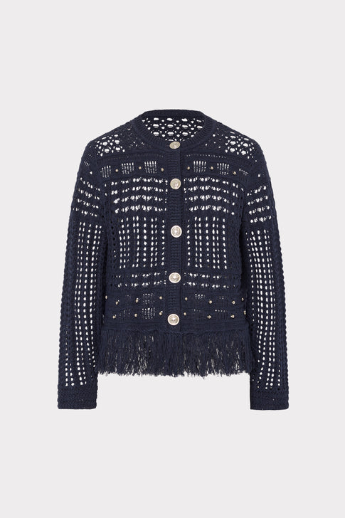 Navy Beaded Fringe Crewneck Cardigan Jacket with Gold Buttons - Front View | MILLY