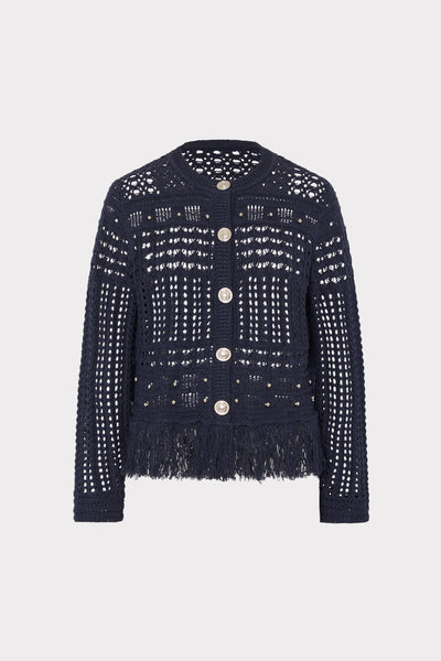 Beaded Fringe Crewneck Cardigan Jacket in Navy | MILLY