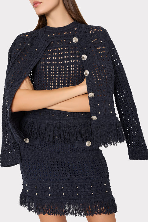 Navy crochet dress with silver buttons and designer fringe detail - Close-up | MILLY