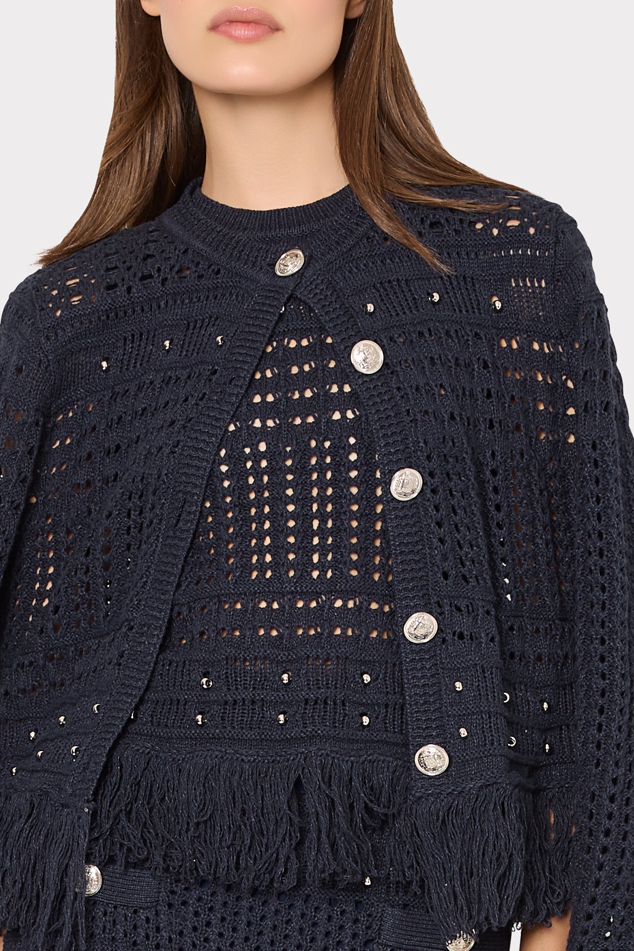 Beaded Fringe Crewneck Cardigan Jacket in Navy | MILLY