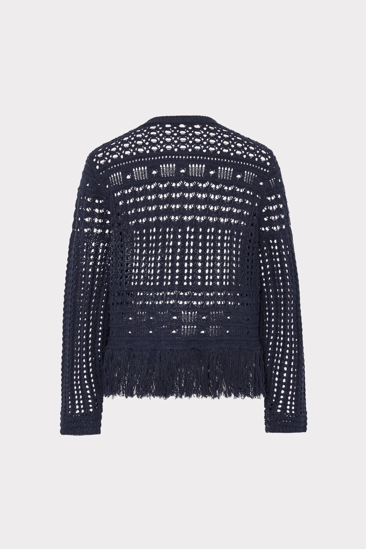 【即完！】MESH DOCKING KNITVEST Beaded Fringe Crewneck Cardigan Jacket in Navy | MILLY