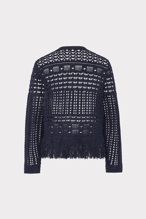 Navy Beaded Fringe Crewneck Cardigan Jacket - Back View | MILLY