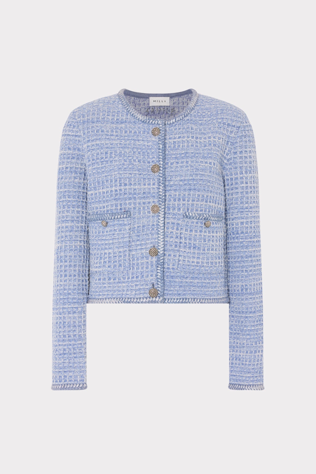 Blue Multi Textured Sade Cardigan with Silver Buttons - Flat Lay | MILLY
