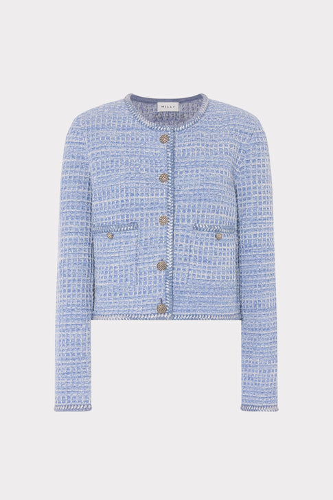 Blue Multi Textured Sade Cardigan with Silver Buttons - Flat Lay | MILLY