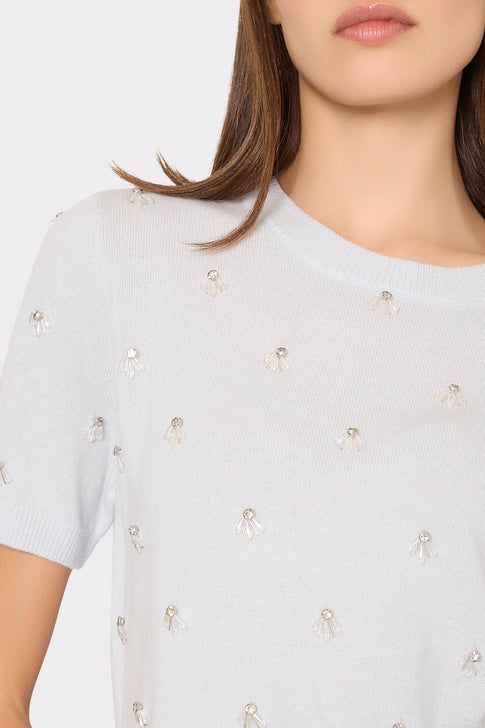 Light Blue Elegant Knit Sweater - Rhinestone Detail Close-Up | MILLY