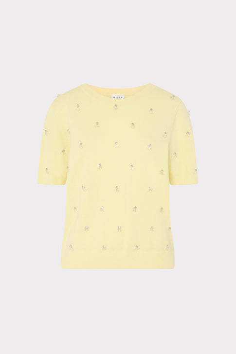 Light Yellow Rosalyn Rhinestone Embellished Sweater - Front View | MILLY
