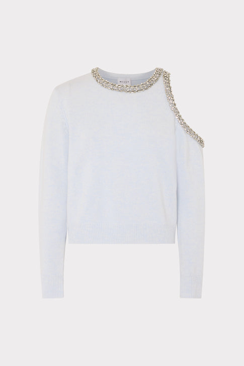 Light Blue Designer Roma Crystal Embellished Sweater - Flat Lay | MILLY