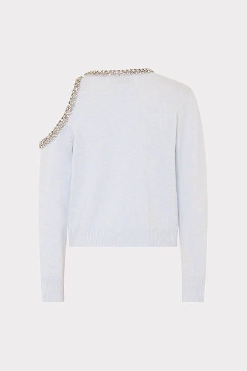 Light Blue Roma Crystal Embellished Sweater - Back View with Cutout Detail | MILLY