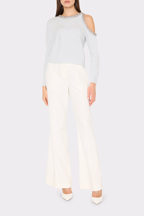 Light Blue Roma Crystal Embellished Cold Shoulder Sweater with White Pants - Full Look | MILLY