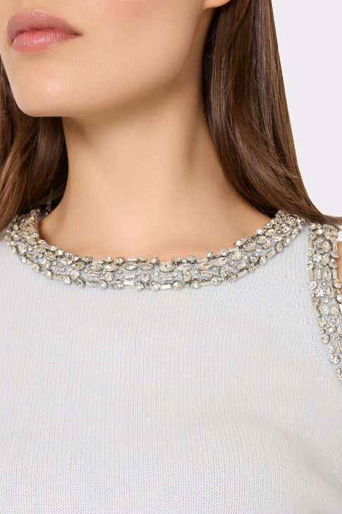 Light Blue Roma Sweater Crystal Embellished Neckline and Cutout Detail Close-Up | MILLY