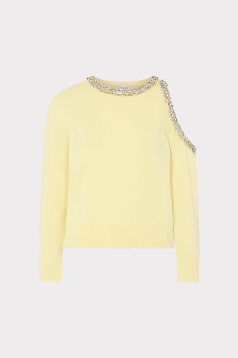 Light Yellow Roma Crystal Embellished Sweater with cutout shoulder - Front View | MILLY