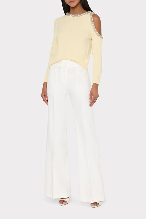 Light Yellow Knit Sweater with Crystal Embellishment - Styled on Model | MILLY
