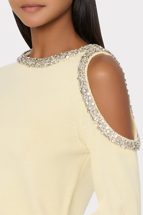 Light Yellow Designer Sweater - Crystal Shoulder Detail Close-up | MILLY