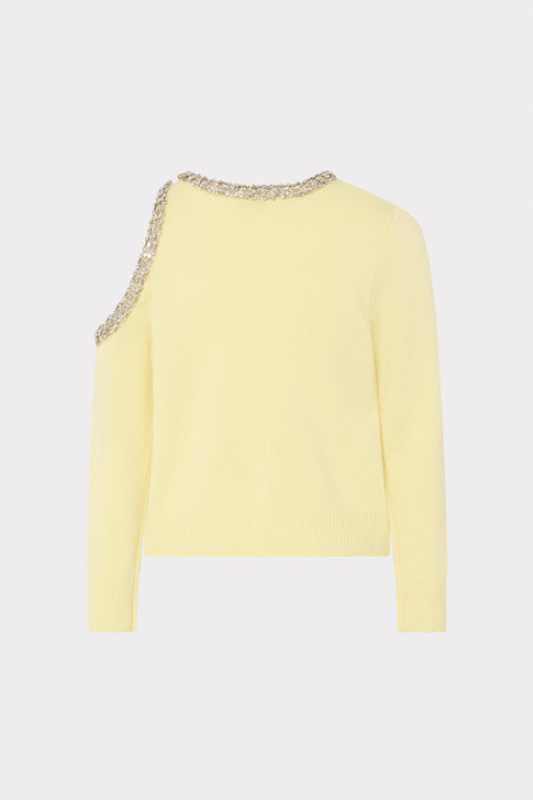 Light Yellow Roma Crystal Embellished Sweater with cutout shoulder - Back View | MILLY