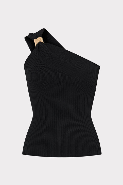 Black ribbed one shoulder Sivan top with elegant gold detail - Front Flat Lay | MILLY