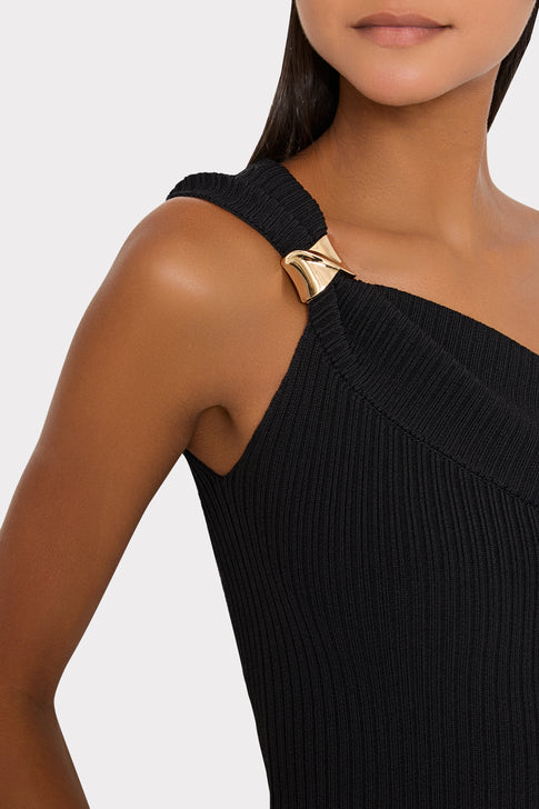 Black asymmetrical Sivan top with signature gold shoulder detail - Close-Up View | MILLY