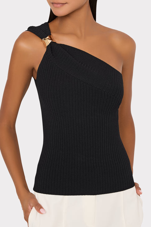 Black one-shoulder ribbed Sivan top with unique gold hardware detail on model | MILLY