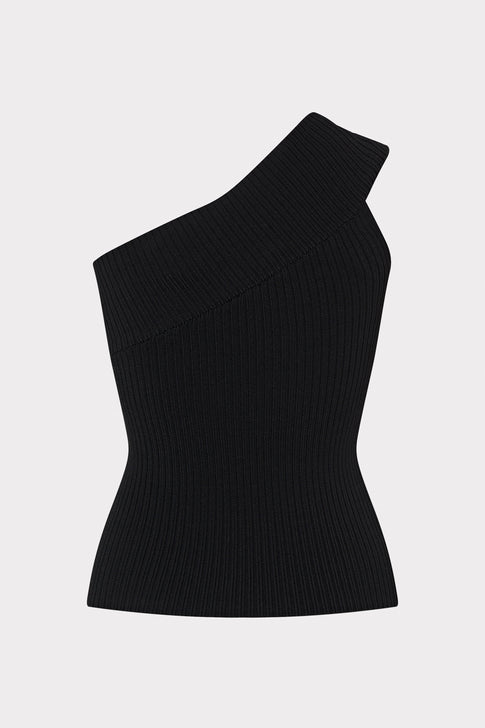 Black ribbed asymmetrical Sivan top with one shoulder silhouette - Back View | MILLY