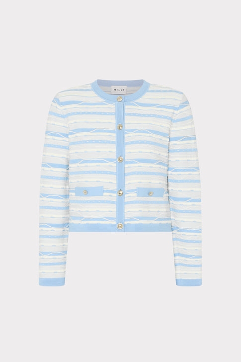 Blue Multi Striped Waffle Knit Cardigan - Front View | MILLY
