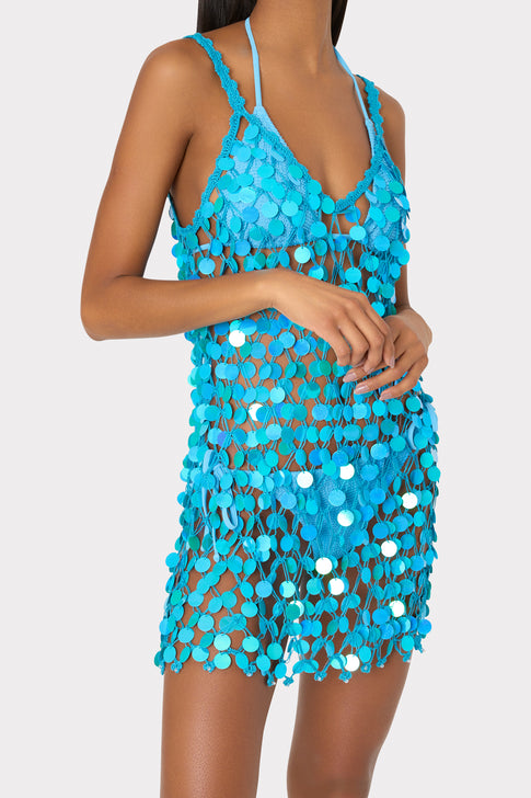 Sequin Crochet Mini Sleeveless Dress Blue Image 3 of 5