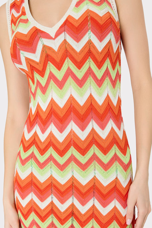 Orange Multi Chevron Knit Midi Dress - V-Neckline Detail | MILLY