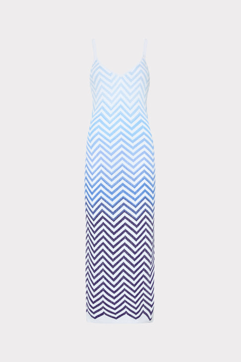 Blue Multi Chevron Ombré Knit Midi Dress - Flat Lay | MILLY