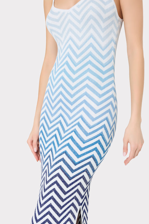 Blue Multi Chevron Ombré Midi Dress - On Model Side View | MILLY