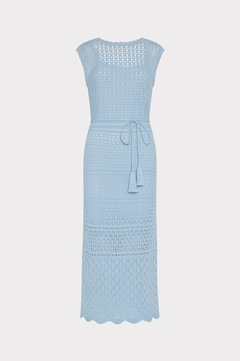 Light Blue Crochet Knit Midi Dress - Front Flat View, Tassel Tie Waist & Scallop Hem | MILLY