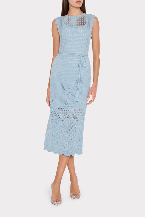 Light Blue Elegant Crochet Midi Dress - On Model Front View, Body-Skimming Silhouette | MILLY