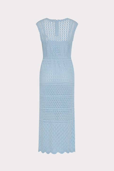 Light Blue Crochet Knit Midi Dress - Back Flat View, Scallop Hem & Open-Stitch Panels | MILLY