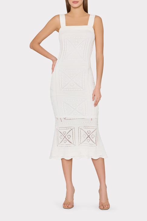 Ecru Knit Midi Dress with Pointelle Details - On Model Front | MILLY