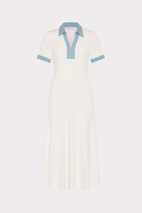 Ecru Knit Midi Dress with Blue Contrast Collar Trim - Front Flat View | MILLY