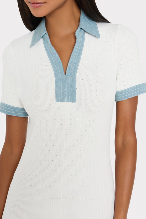 Ecru Knit Midi Dress - Close-Up Collar & Contrast Trim Detail | MILLY