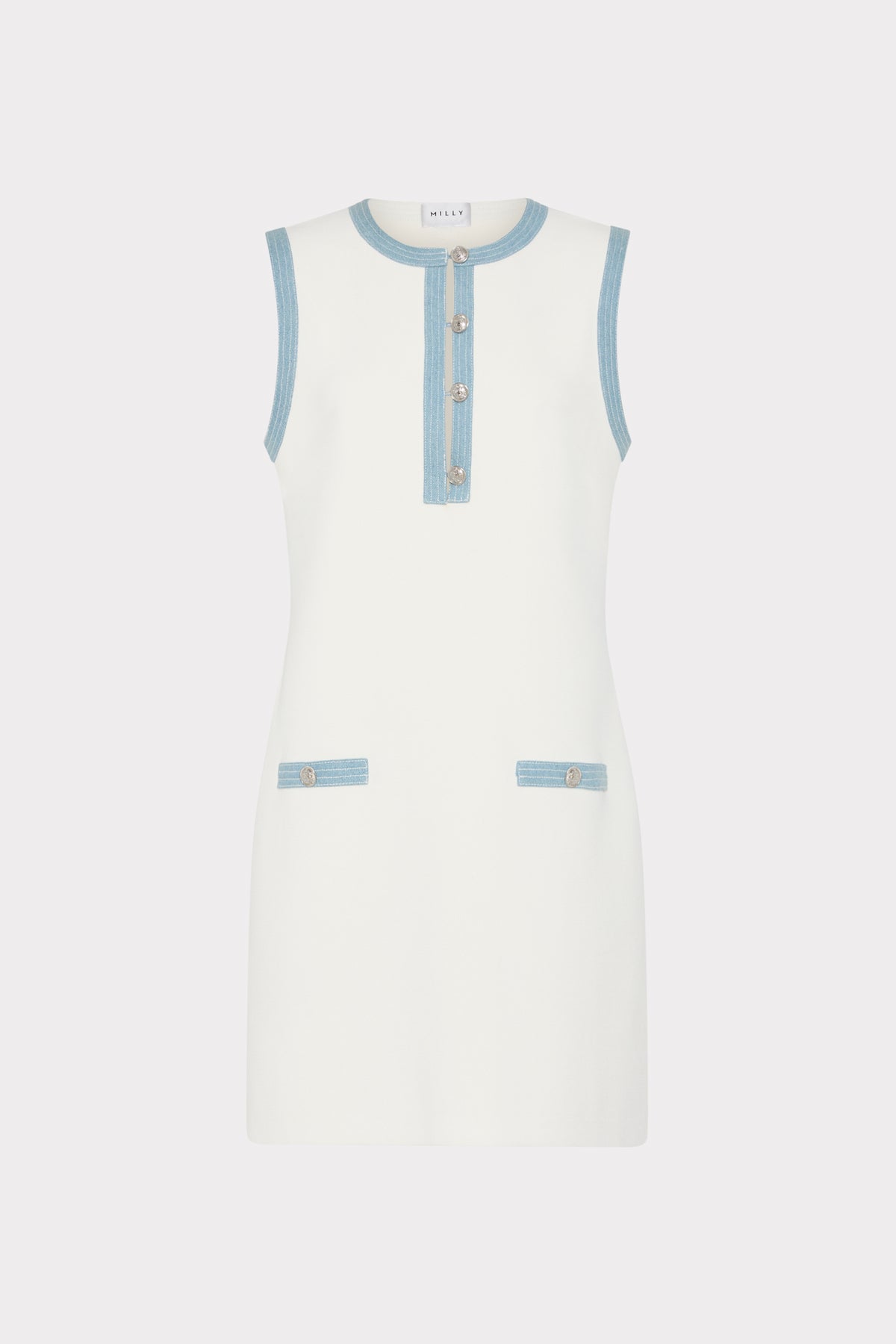 Ecru Knit Mini Dress with Blue Contrast Trim - Flat View | MILLY