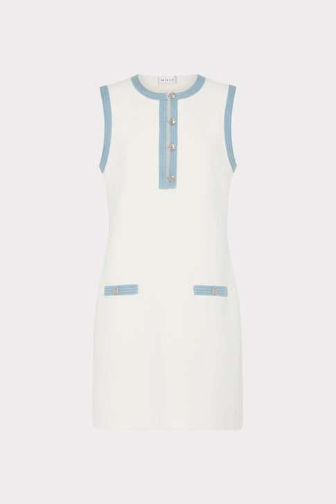 Ecru Knit Mini Dress with Blue Contrast Trim - Flat View | MILLY