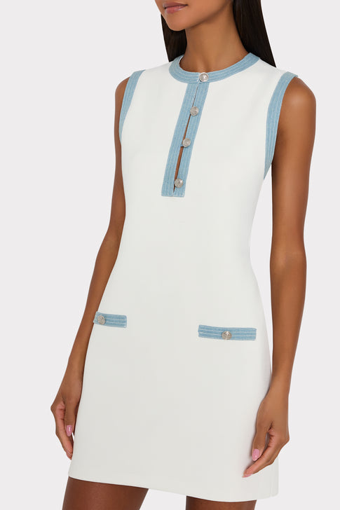 Marlow Ecru Knit Mini Dress - Unique Blue Contrast Trim Three-Quarter View | MILLY